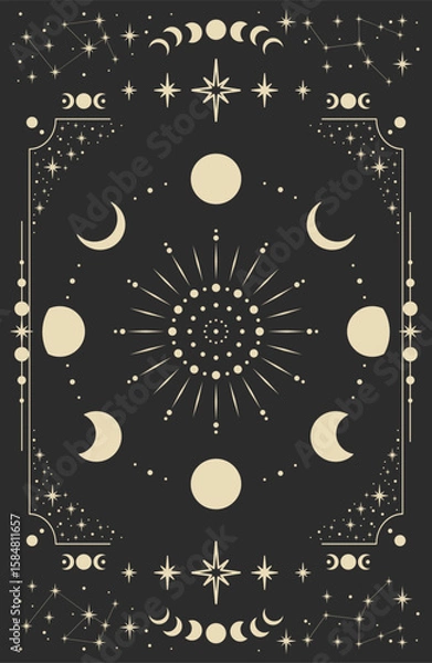 Fototapeta Magical background for astrology, tarot. Black postcard with a frame in a bohemian design, moon phases stars, copy space. Magic vector illustration