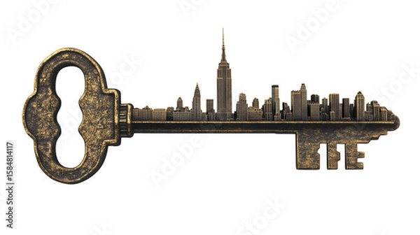 Fototapeta Hyperdetailed render of a single key, where the teeth form the skyline of a recognizable US city (e.g., stylized NYC), antique brass texture, isolated on Transparent Background