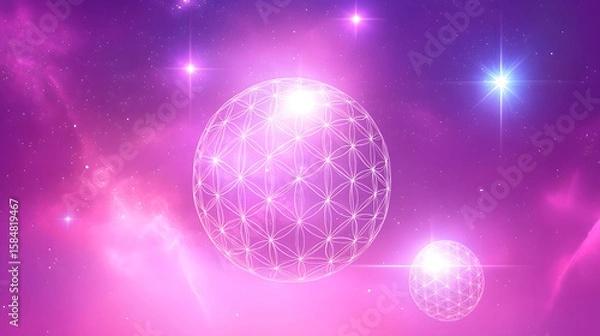 Fototapeta Ethereal Spheres in Vibrant Purple Space, Digital Art, Sci-Fi Environment, Abstract Viewpoint