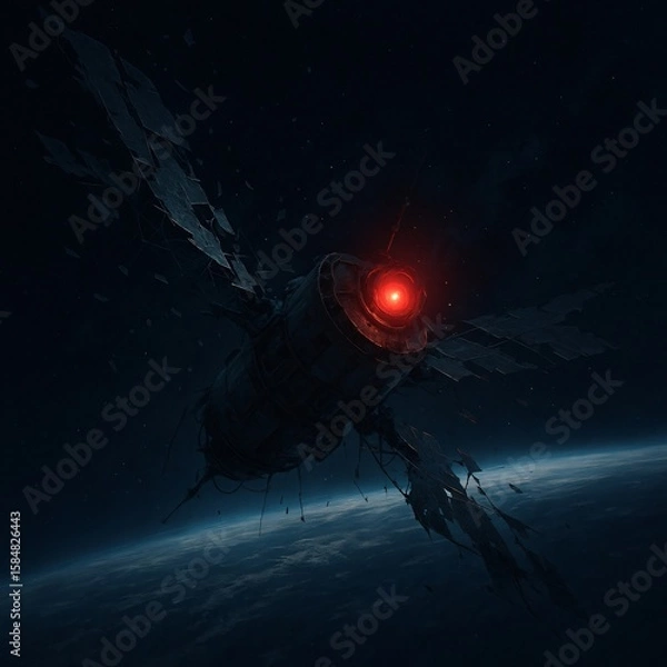 Fototapeta Derelict Orbital Satellite with Shattered Solar Panels and Ominous Pulsing Red Beacon Drifting in Low Orbit