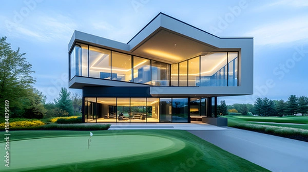 Obraz Modern indoor golf simulator room with a large screen displaying a golf course