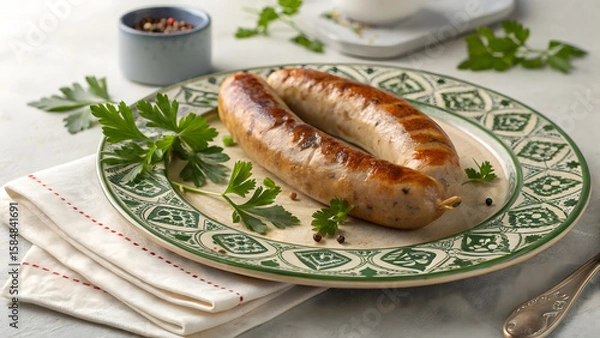 Fototapeta Gourmet Sausage Plate: Savor the visual delight of this exquisite plate featuring two perfectly grilled sausages, artistically presented with fresh parsley and a touch of culinary flair.