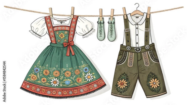 Fototapeta Authentic German Attire: A pair of traditional German attire, comprising a meticulously rendered dress and lederhosen, adorned with intricate patterns and vibrant colors, hanging on a clothesline.