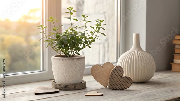 Fototapeta Sunlit Window Still Life: A sunlit window still life featuring a potted plant, hearts, and vase basking in the warmth of natural light, creating a sense of peace and serenity.