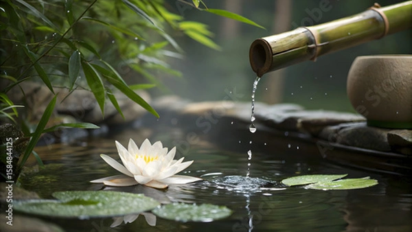 Fototapeta Zen Garden Water Feature: Serene water flows from a bamboo pipe into a tranquil pond, where a pristine white water lily blossoms peacefully, surrounded by lush green foliage.