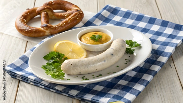 Fototapeta Delicious Bratwurst Delight: A tantalizing image showcases a classic Bratwurst, complemented by a fresh pretzel, a zesty mustard, and lemon.