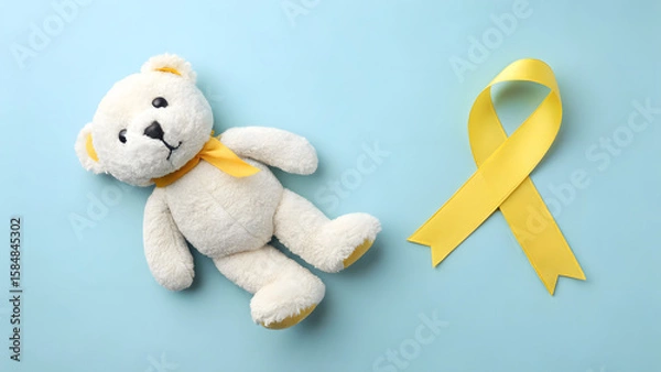 Fototapeta Hope and Support: An emotional, heart warming photograph features a soft teddy bear and a yellow ribbon on a pale blue background, symbolizing awareness and support. 