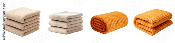 Fototapeta Stacked terrycloth towels and rolled knitted blankets isolated on transparent background