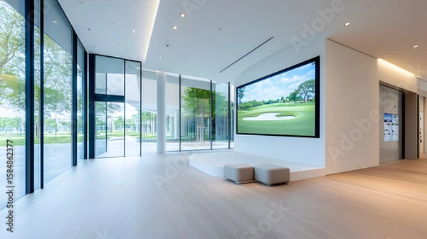Obraz Modern indoor golf simulator room with a large screen displaying a golf course