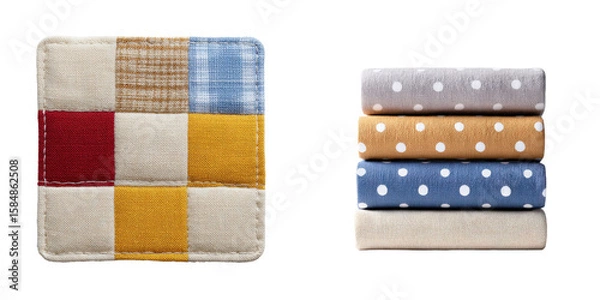 Fototapeta Patchwork square pot holder with assorted color blocks sits next to a neatly stacked pile of polka dot towels