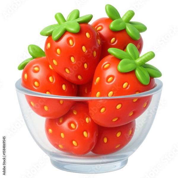 Fototapeta 3D claymorphic variation of strawberry glass bowl with vibrant red berries and glossy green tops, isolated on transparent background