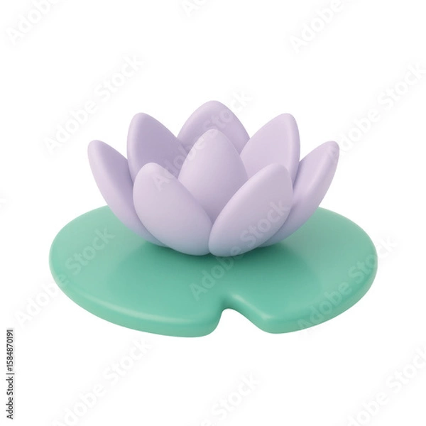 Fototapeta 3D claymorphic illustration of lilac lotus flower on green lily pad, isolated on transparent background