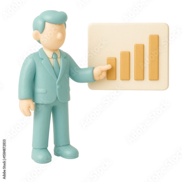 Fototapeta 3D claymorphic illustration of businessman pointing at bar chart, isolated on transparent background