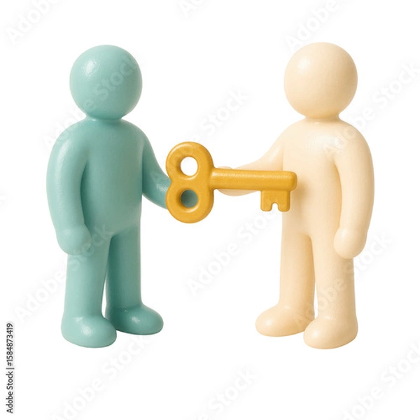 Fototapeta 3D claymorphic illustration of two faceless figures exchanging golden key, isolated on transparent background