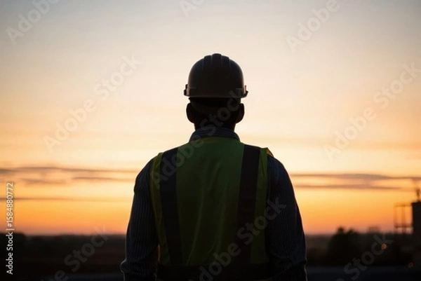 Fototapeta Construction worker overlooking sunset