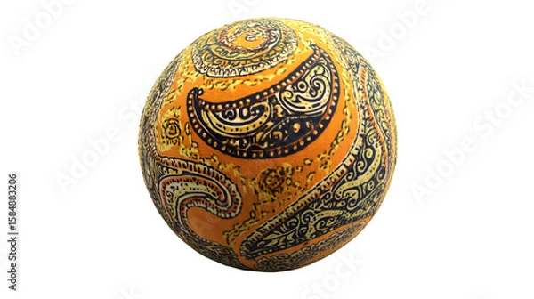 Fototapeta Hyperrealistic render of a tennis ball covered in intricate, paisley bandana patterns instead of fuzz, detailed fabric texture, isolated on Transparent Background