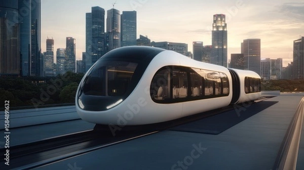 Obraz Futuristic train on elevated platform in city