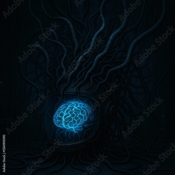 Fototapeta Living Neural Interface Helmet with Writhing Cables Connected to Glowing AI Brain in Dark Laboratory