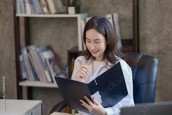 Fototapeta Asian cheerful happy female professional successful doctor practitioner in a white lab coat with a stethoscope standing smiling holding a reading paperwork document in a folder in the hospital.