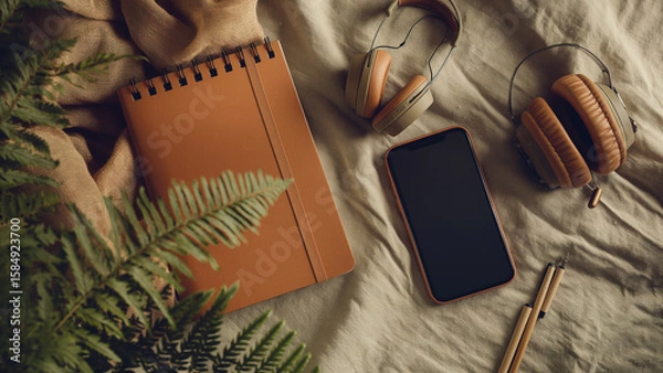 Fototapeta Flat-lay of cozy study setup in earthy tones with books, notes, and warm accents for calm workspace vibe. Back to school.
