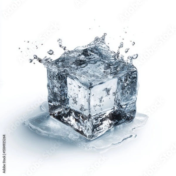 Fototapeta Melting Ice Cube with Water Splash on White Background