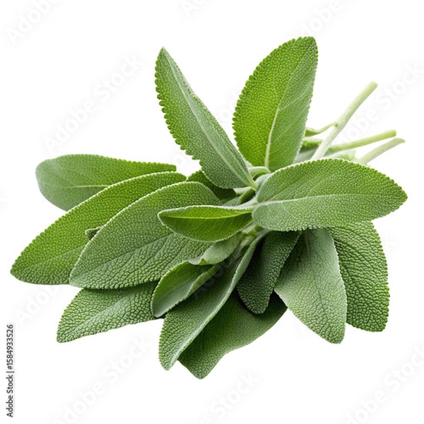 Obraz Fresh green sage herb leaves isolated on plain white background for culinary and medicinal uses