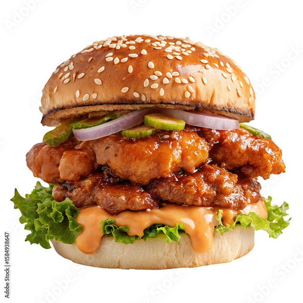 Obraz Delicious crispy chicken burger with fresh lettuce and spicy sauce for irresistible flavor