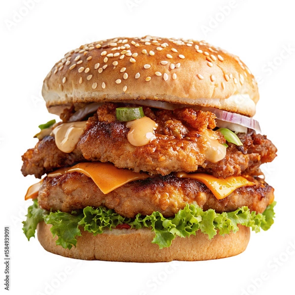 Obraz Juicy double cheeseburger with crispy chicken and fresh toppings on sesame seed bun tasty delight