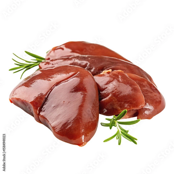 Obraz Fresh raw liver slices with herbs for healthy cooking and nutritious culinary ingredient ideas