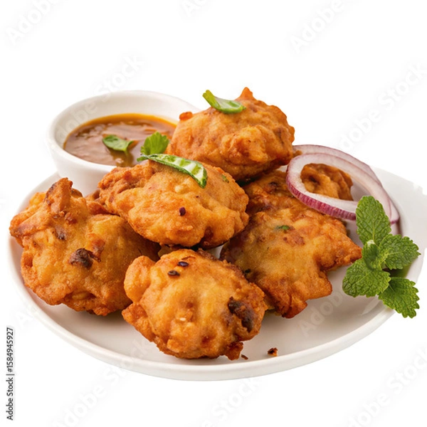 Obraz Crispy vegetable fritters with spicy chutney and fresh herbs served on a white plate closeup image
