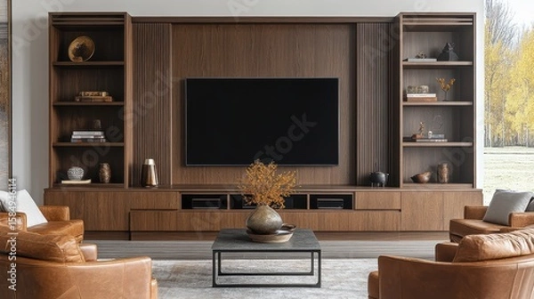 Fototapeta Modern media console with built-in shelving in a sophisticated living room.