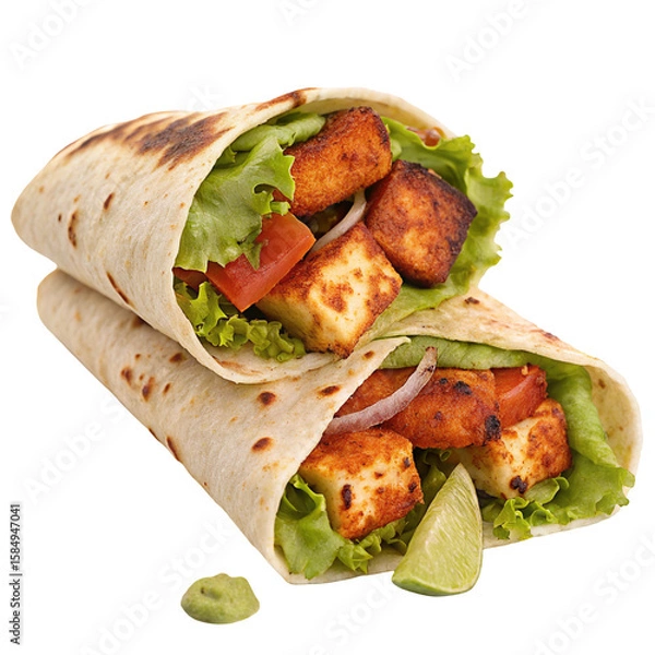 Obraz Delicious grilled paneer wrap with fresh vegetables and lime for a perfect vegetarian meal