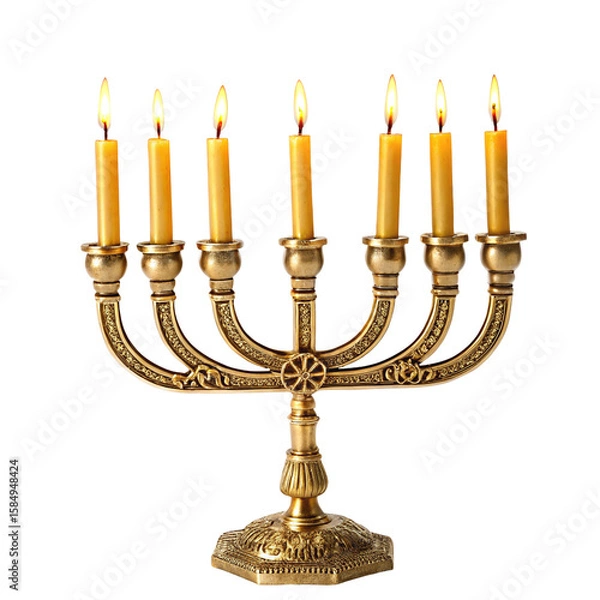 Obraz Golden menorah with seven lit candles symbolizing tradition and spirituality on black background