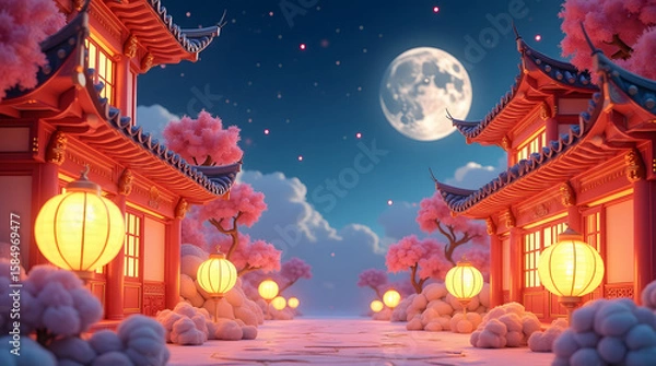 Fototapeta Night themed Mooncake festival banner illustration. To commemorate and celebrate the end of the autumn harvest ambience with Red Chinese building and moon with starry night  as background. 
