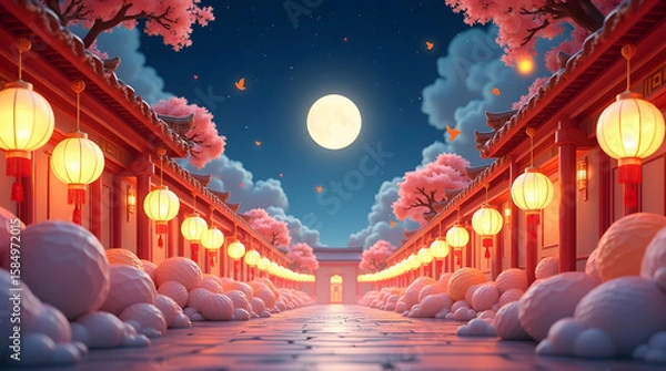 Fototapeta Night themed Mooncake festival banner illustration. To commemorate and celebrate the end of the autumn harvest ambience with Red Chinese building and moon with starry night  as background. 