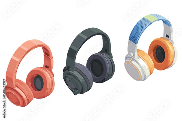 Fototapeta isometric set of modern headphones in different colors and styles