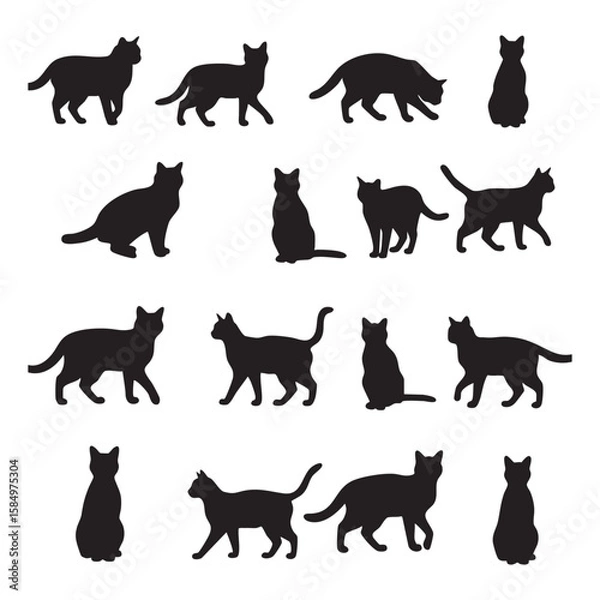 Fototapeta Collection of black cat silhouettes in various poses isolated on white background silhouette