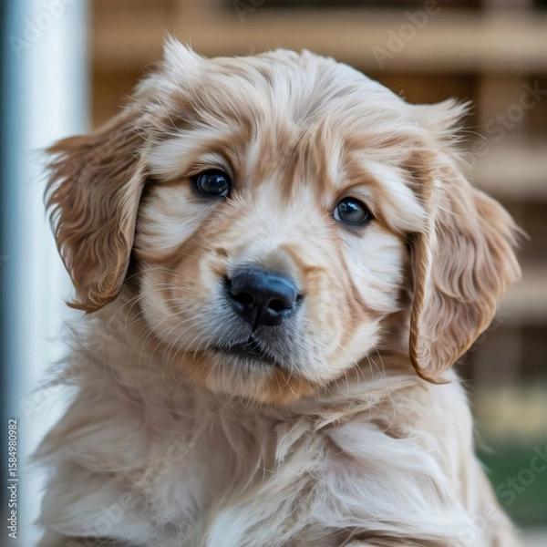 Fototapeta Close-Up Portrait of Fluffy Golden Retriever Puppy with Soft Focus and Warm Lighting
