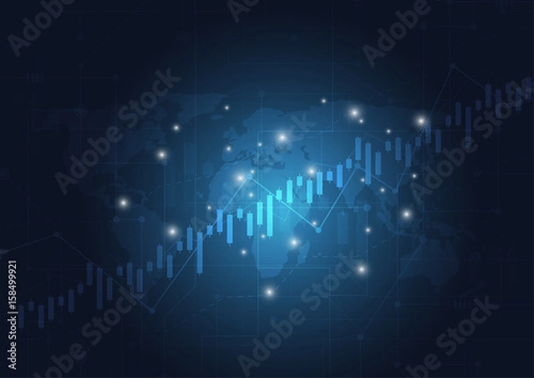 Fototapeta Candlestick stock exchange chart market investment trading with world map, Business graph. trend of graph design. Vector Illustration