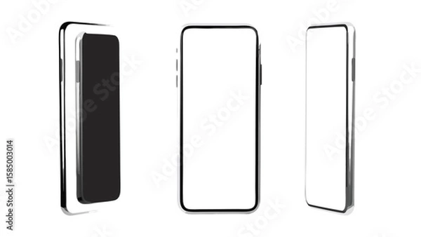 Fototapeta Three smartphone mockups showing different angles with blank screens for app or website presentation