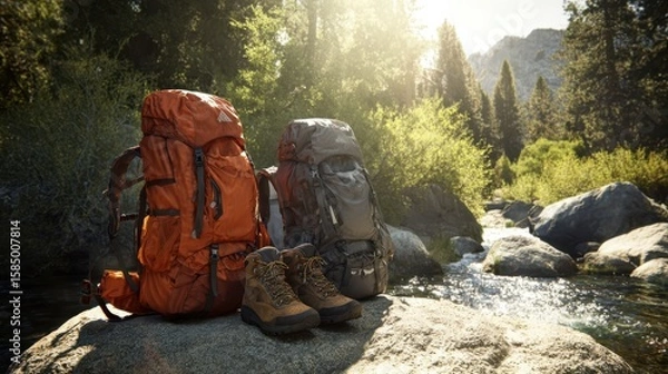 Obraz The hiking backpacks and boots resting on a rock by the river.