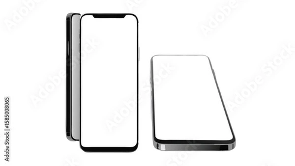 Fototapeta Three modern smartphones with blank white screens displayed on a plain white background in a studio setting