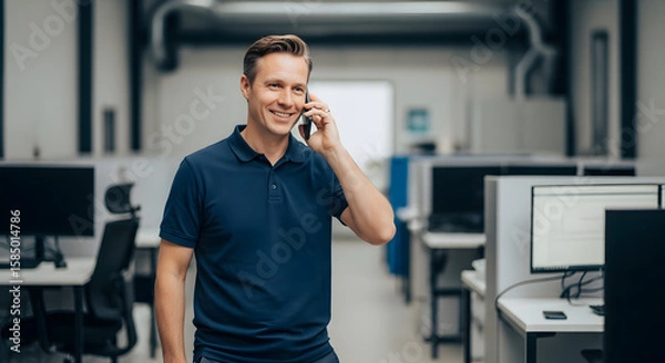 Obraz Smiling Man in Blue Polo Shirt Making a Phone Call.