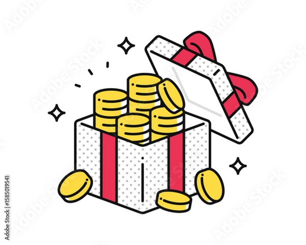 Obraz 蓋が開いたプレゼントボックスとコインのシンプルなベクターアイコンイラスト