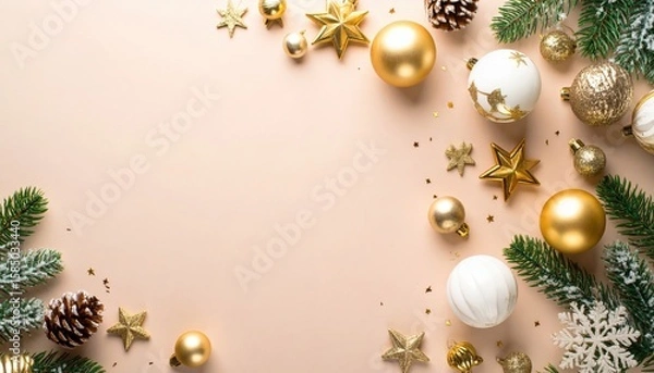 Obraz Festive christmas decoration arrangement elegant holiday setting image of ornaments and pinecones warm color palette top view celebration concept