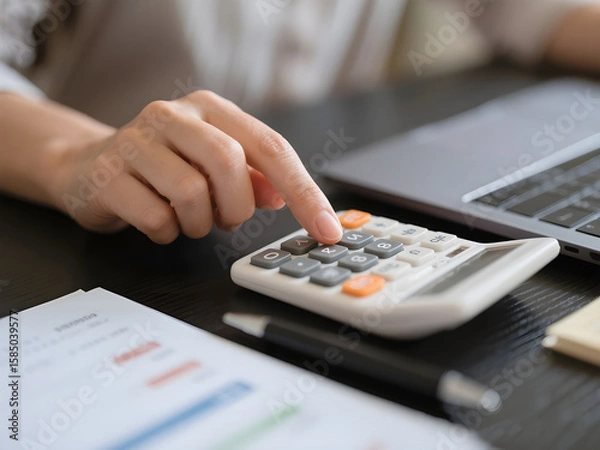 Fototapeta Close up of hand using calculator to calculate home finance, accounting at desk, budget management. Finance, budgeting and tax calculation, monthly expenses