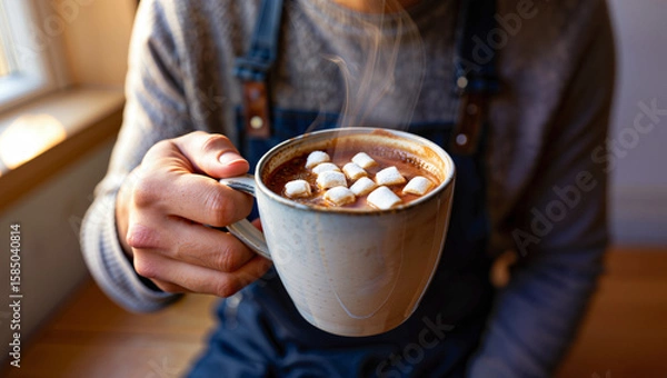 Fototapeta Cup of hot chocolate with marshmallows close-up