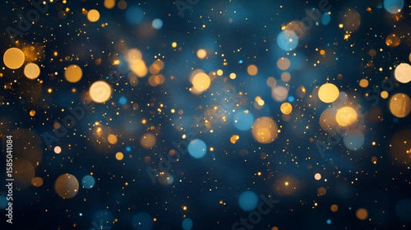 Fototapeta Vibrant golden and azure light circles illuminate a deep blue abstract background with sparkle.