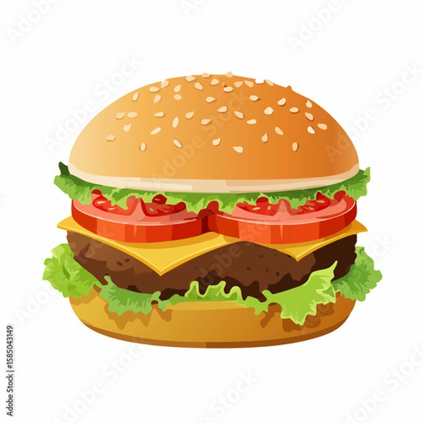 Obraz Tasty hamburger has lettuce, tomatoes and cheese, with a sesame seed bun