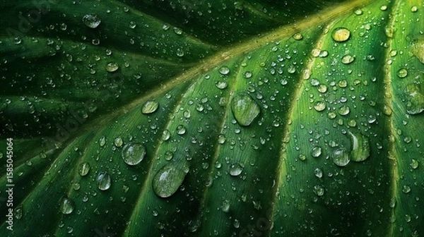 Fototapeta Detailed macro shot of a green leaf surface covered with fresh water droplets